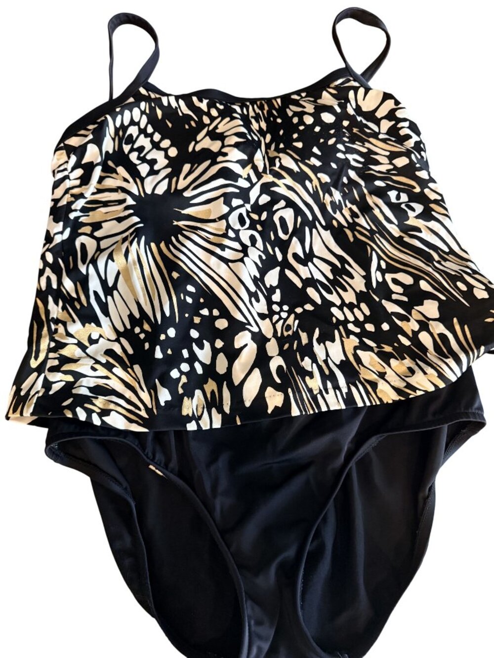 Maxine Of Hollywood Womens Black & Gold Print 1-piece Swimsuit w/side Tie SZ 16